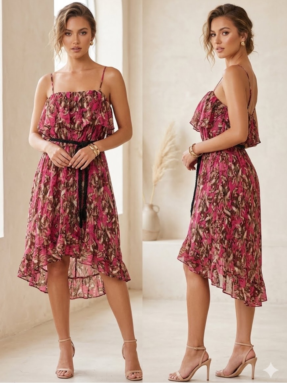 Bird Print Midi Dress High-Low Ruffle Trim Boho Lightweight Fairycore Tropical L